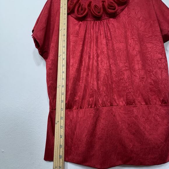 Amywear Red Rosette Neck Ruffle Texture Retro Y2K Statement Top Tunic Size Large - Picture 7 of 10